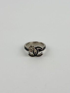 Chanel CC Logo Camellia Ring Silver Black Vintage